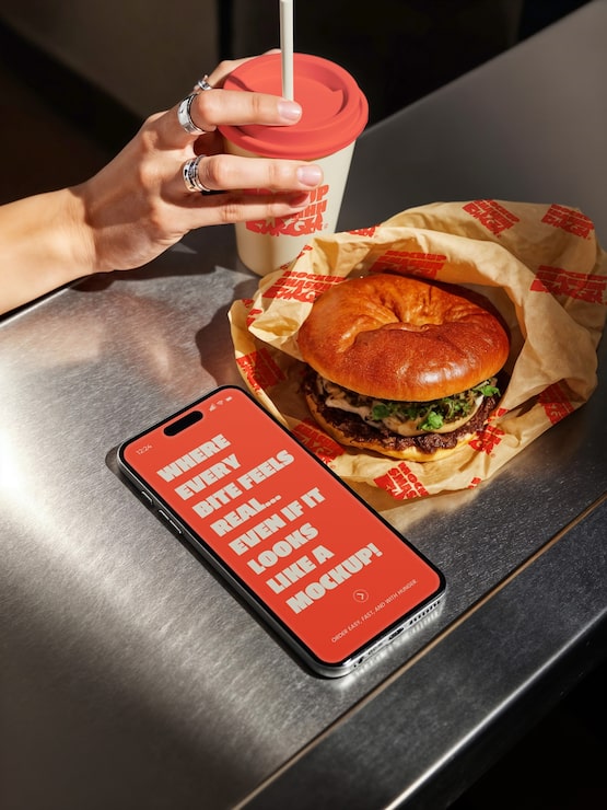 Burger, smartphone, and drink: a restaurant advertisement mockup