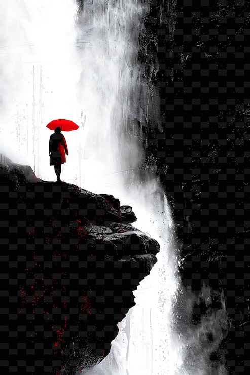 PSD 一位候选人参观带有红色雨衣薄雾的瀑布，te png 平面插画背景