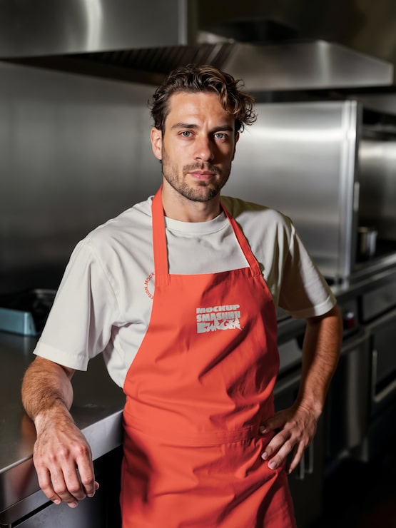 Chef in kitchen wearing apron mockup