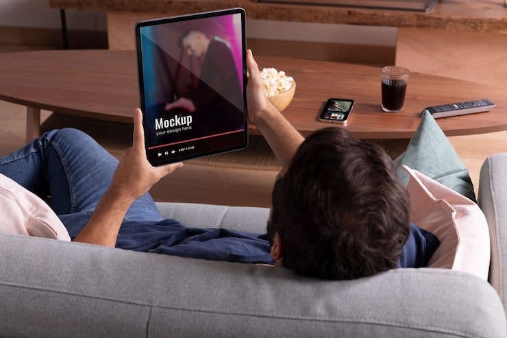 PSD close-up man kijken naar film op tablet