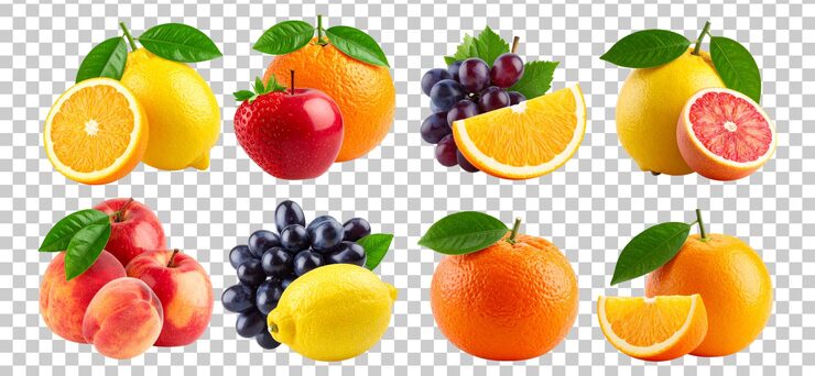 Compositie van verse citrus- en sappige vruchten op een witte achtergrond