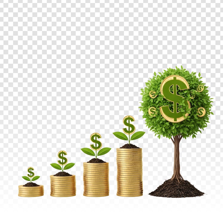 PSD concept financiële groei met geldboom en muntstapels
