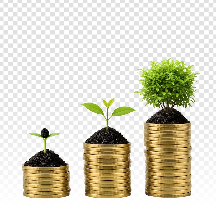 PSD concept van financiële groei en investering met groeiende planten op stapels gouden munten
