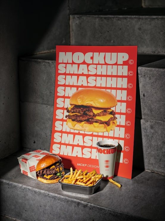 Delicious cheeseburger with fries and drink - fast food meal mockup