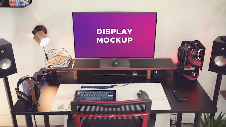 PSD display mockup scherm mockup monitor mockup setup mockup gaming setup