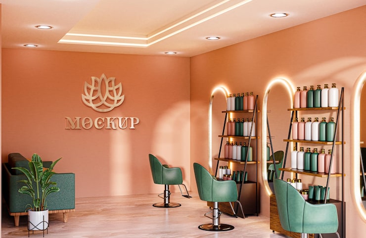 PSD duvar logosu güzellik kliniği salon odası mockup gerçekçi 3d render
