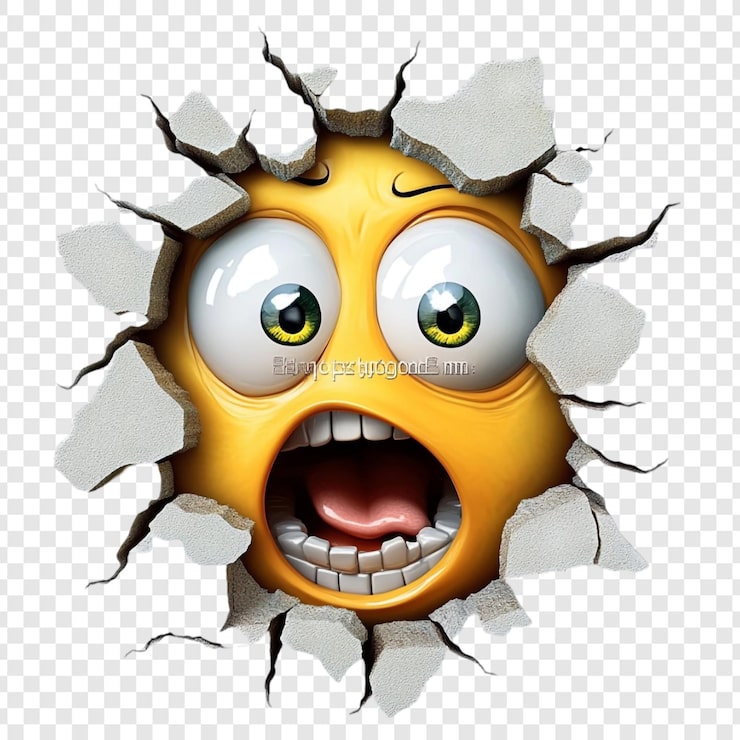 PSD een doodsbang emoticon barst door een gebarsten muur zijn ogen wijd met angst zijn mond open in een stille schreeuw een 3d weergave van intense emotie