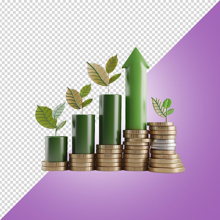 PSD een groene pijl die wijst naar een groen pijl op een stapel munten
