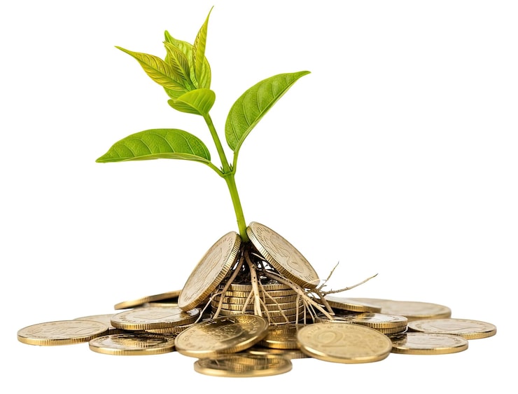 PSD een groene plant die groeit uit een stapel munten op een transparante png