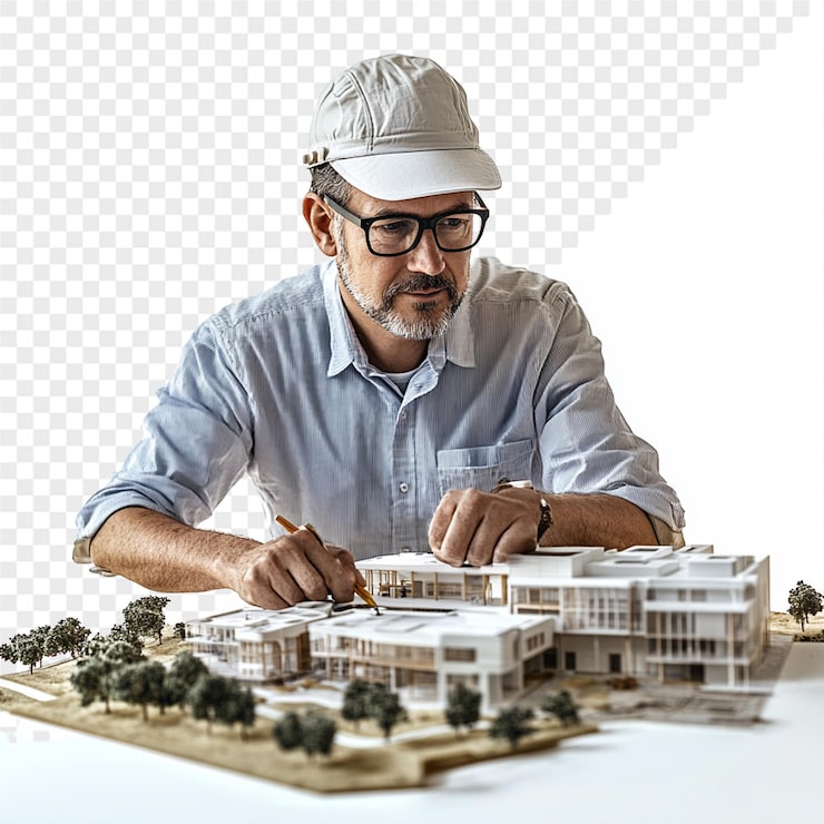 PSD een man speelt een model van een gebouw gemaakt door een bedrijf