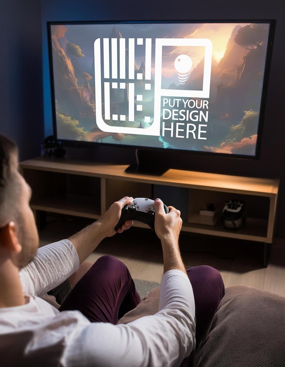 PSD een man speelt een spel game screen mockup met elke kleur