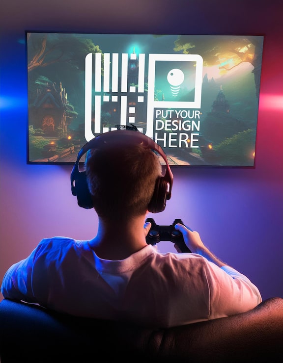 PSD een man speelt een spel game screen mockup met elke kleur