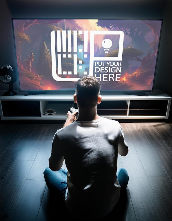 PSD een man speelt een spel game screen mockup met elke kleur