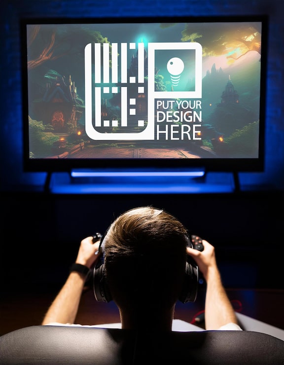 PSD een man speelt een spel game screen mockup met elke kleur