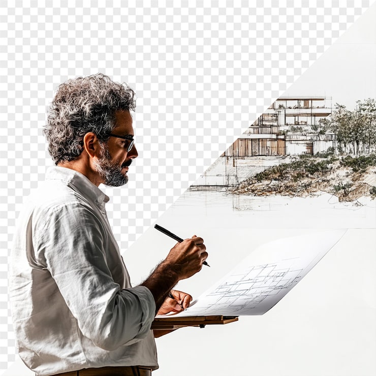 PSD een man staat voor een tekening met de tekst "een huis".