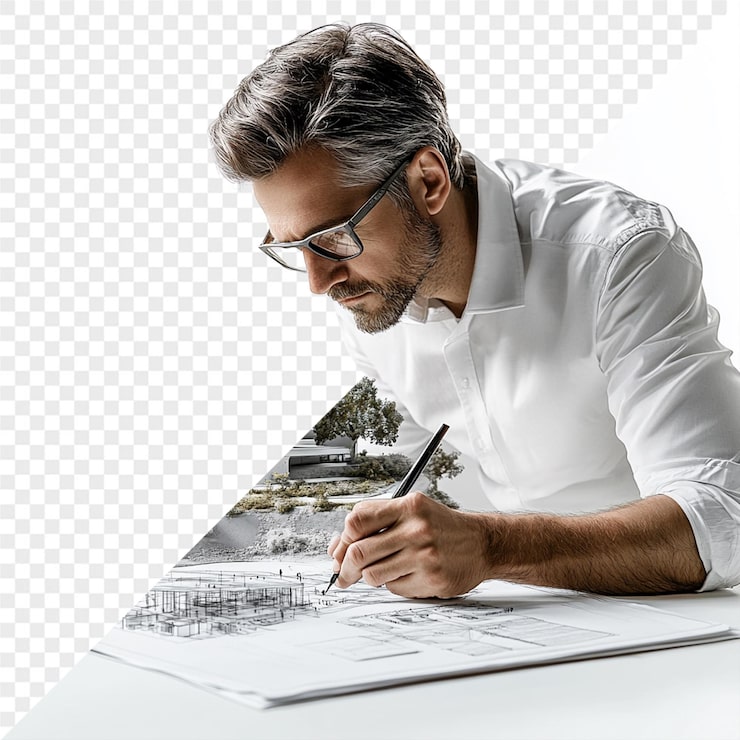 PSD een man zit aan een bureau en schrijft op een papier