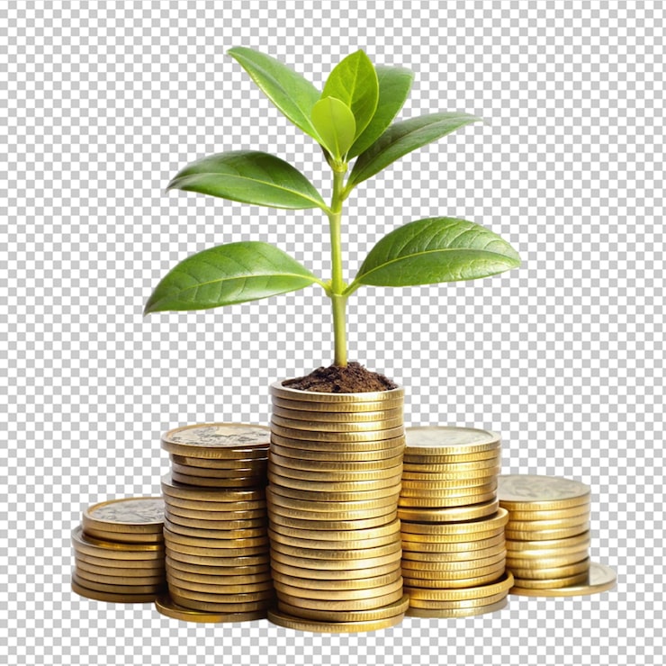 PSD een plant die groeit uit een stapel munten die op een doorzichtige achtergrond symboliseren