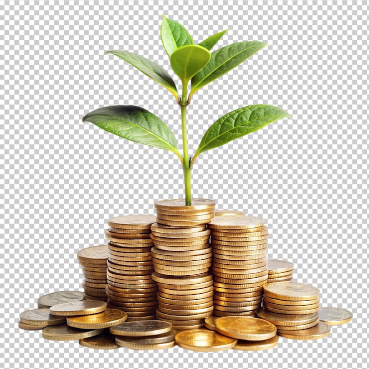 PSD een plant die groeit uit een stapel munten die op een doorzichtige achtergrond symboliseren