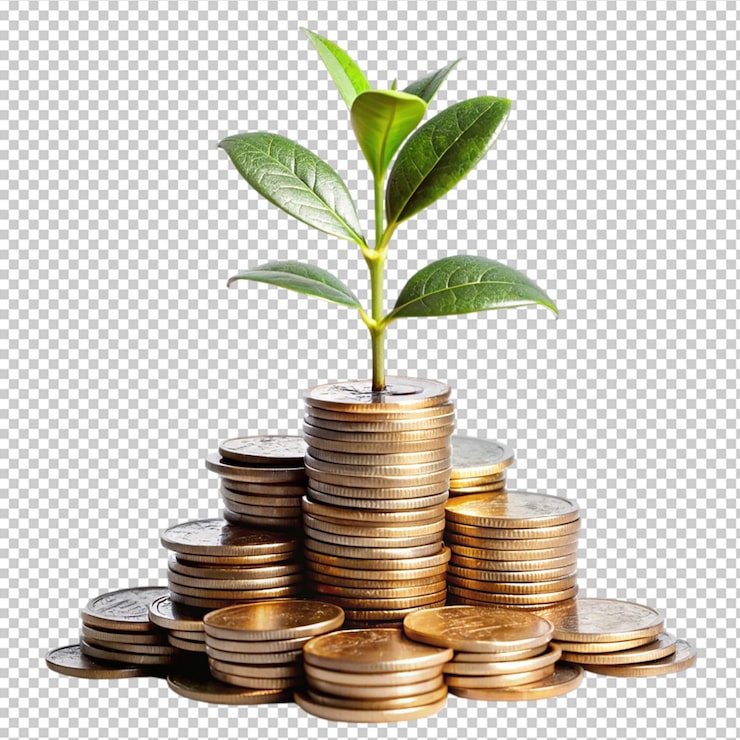 PSD een plant die groeit uit een stapel munten die op een doorzichtige achtergrond symboliseren