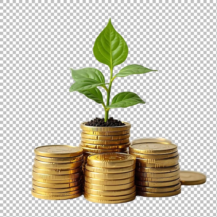 PSD een plant groeit op een stapel munten.