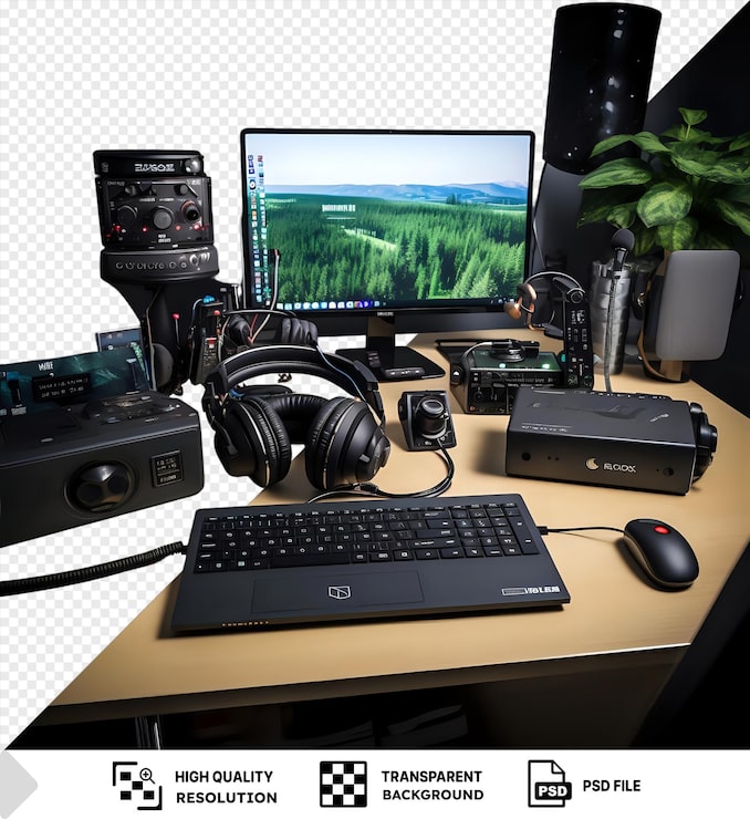 PSD een transparante professionele videogame streaming setup op een houten bureau met zwarte koptelefoon een zwart toetsenbord en een zwarte muis een groene plant voegt een vleugje natuur toe aan de scène terwijl