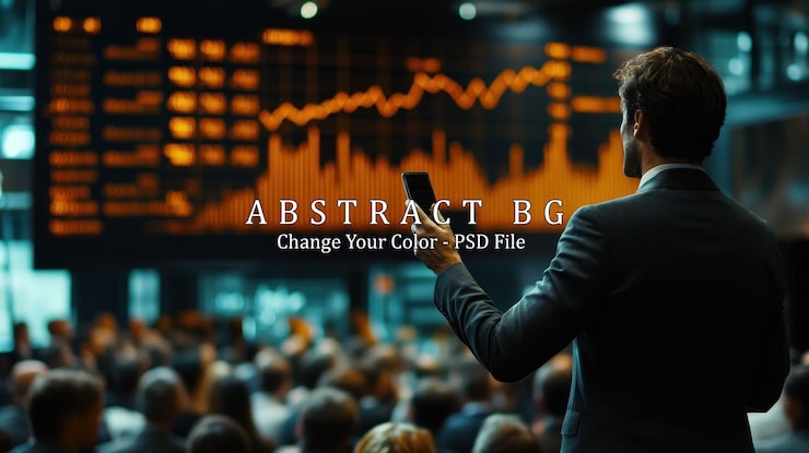 PSD een zakenman staat voor een groot scherm met een beursgrafiek en houdt zijn smartphone vast terwijl hij een groot publiek toespreekt