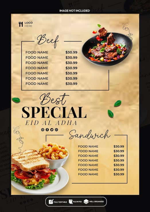 PSD eid al adha specjalne menu żywności szablon projektowania plakatów
