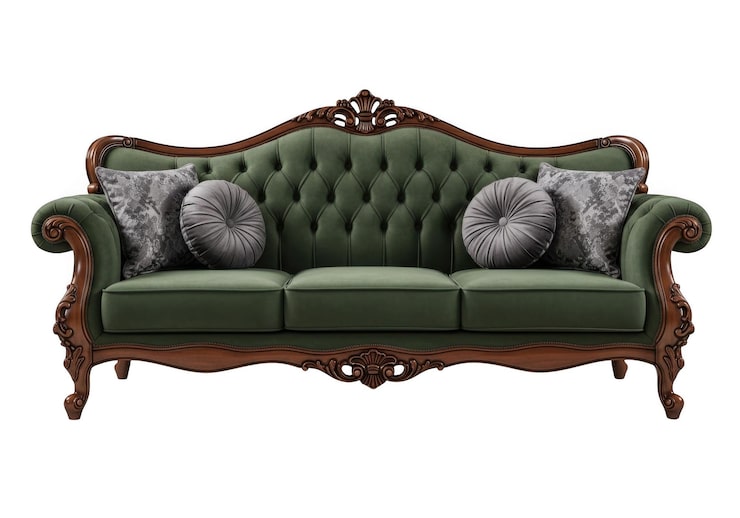 PSD elegancka zielona sofa welurowa z ozdobną drewnianą ramą