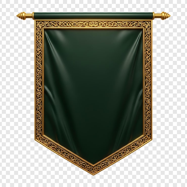 PSD elegant mörkgrön hängande banderoll med utsmyckad gyllene ram