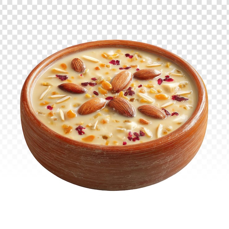 PSD en rik och krämig traditionell efterrätt serverad i en rustik lerskål toppad med mandelspån och torkade rosenblad