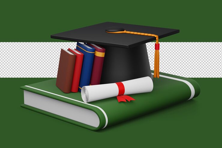 PSD examensmössa med examensbevis och färgglad bok 3d-rendering