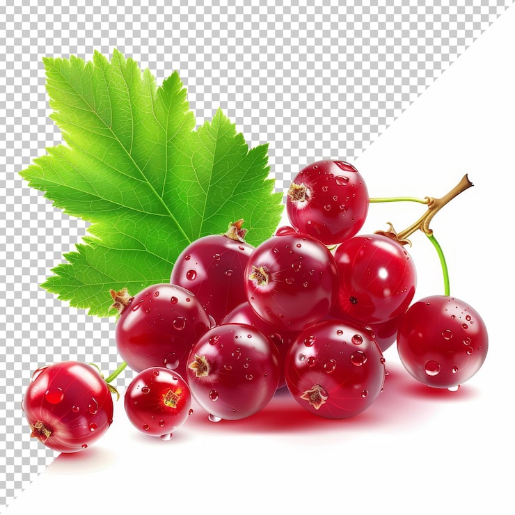 PSD färska röda vinbär med vattendroppar och gröna blad på en vit bakgrund som framhäver deras livfulla färg och saftiga textur