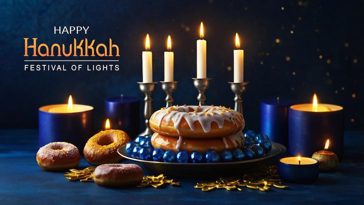 PSD festligt hanukkah-design med menorah og donut