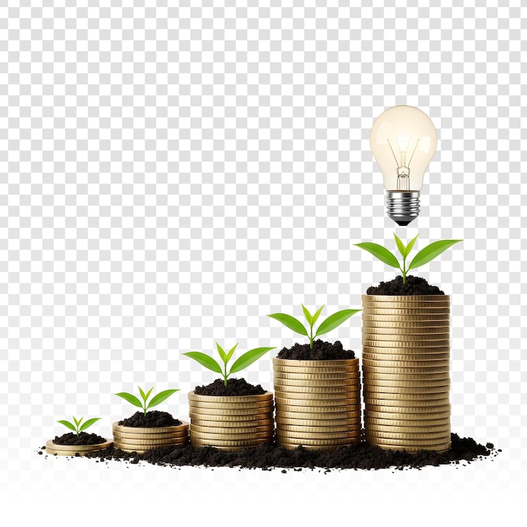 PSD financiële groei met idee-gloeilamp en stapels munten