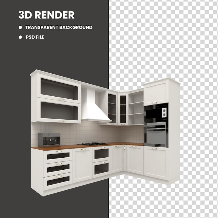 PSD fotoğraf 3d render beyaz ve bej tasarımlı modern mutfak tezgahı güzel mutfak iç mekanı