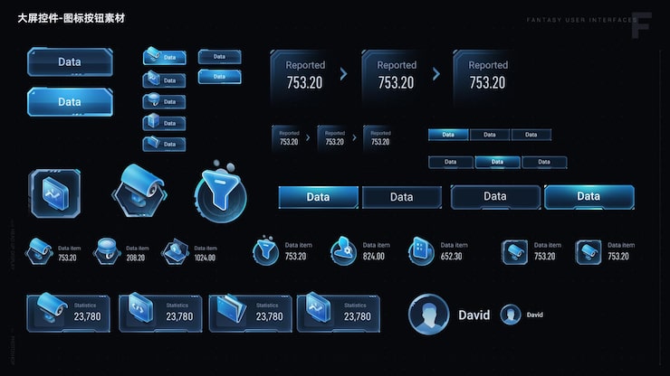 PSD futuristisch blauw glazen ui-kit voor game- en data-interfaces