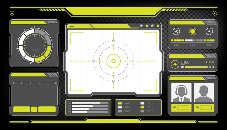 PSD futuristisch gaming hud-dashboard met tactische vensters, radar en communicatie-interface