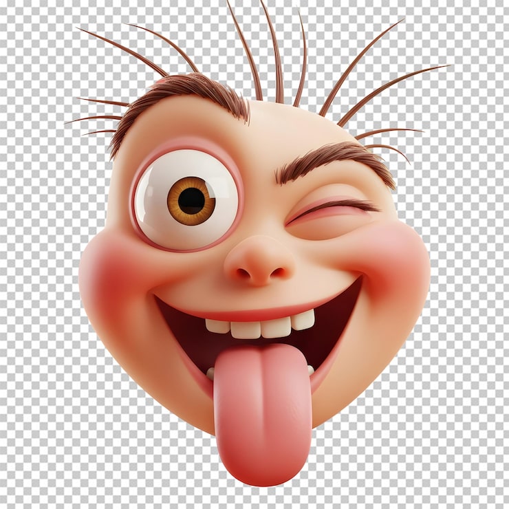 PSD gek knipogend gezicht met uitgestoken tong, 3d cartoon uitdrukking