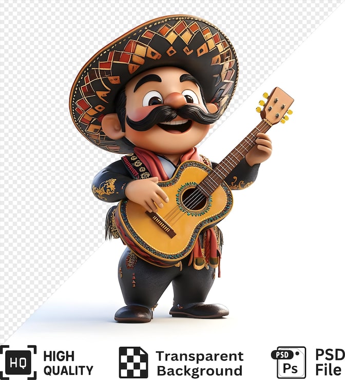 PSD glad tecknad mariachi som spelar gitarr isolerad på en transparent bakgrund