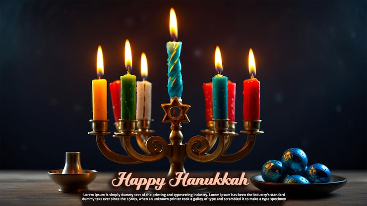 PSD glædelig hanukkah hilsen med lysekrone baggrund illustration