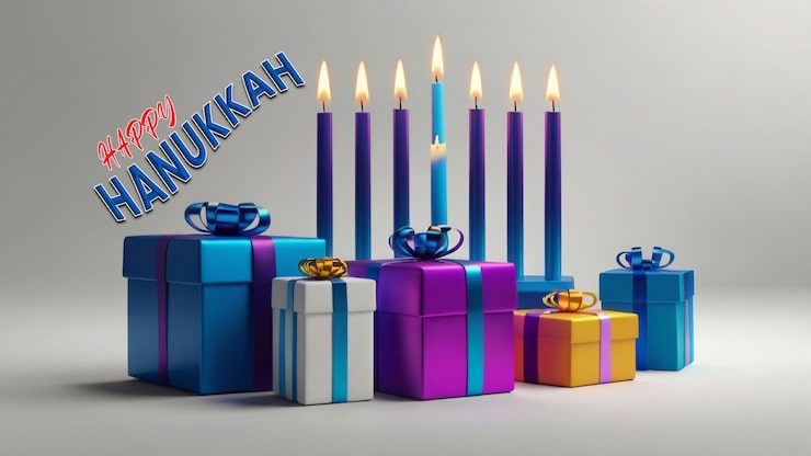 PSD glædelig hanukkah skinnende baggrund med gave og lys