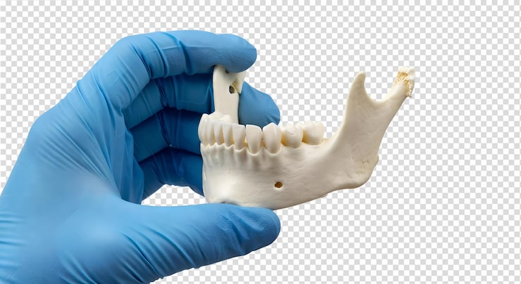 PSD görünür diş yuvaları ve ramus (çene dalı) diş anatomisi ile insan alt çene kemiğini tutan el
