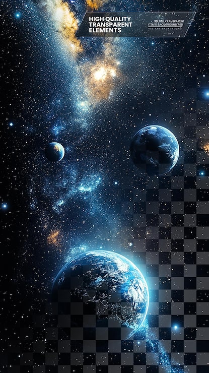 PSD gwiazdiste niebo z planetami i drogą mleczną na przezroczystym tle