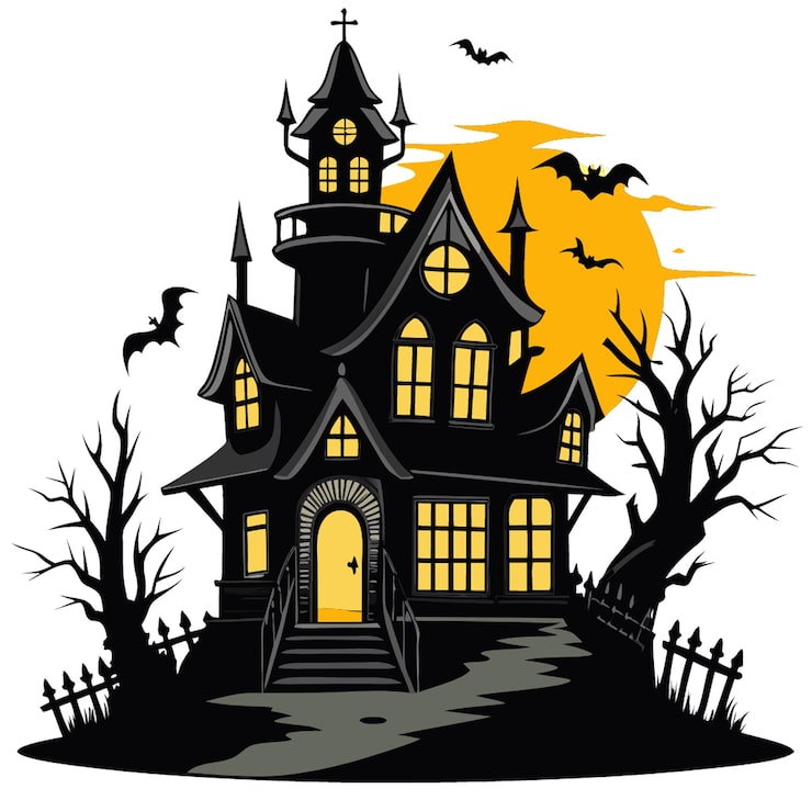 PSD halloweenshus omgivet av pumpor
