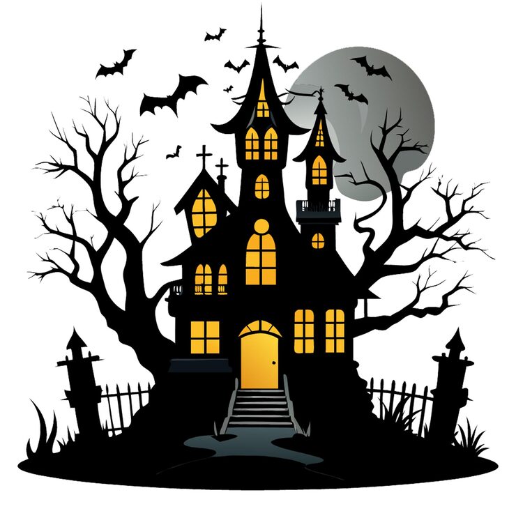 PSD halloweenshus omgivet av pumpor