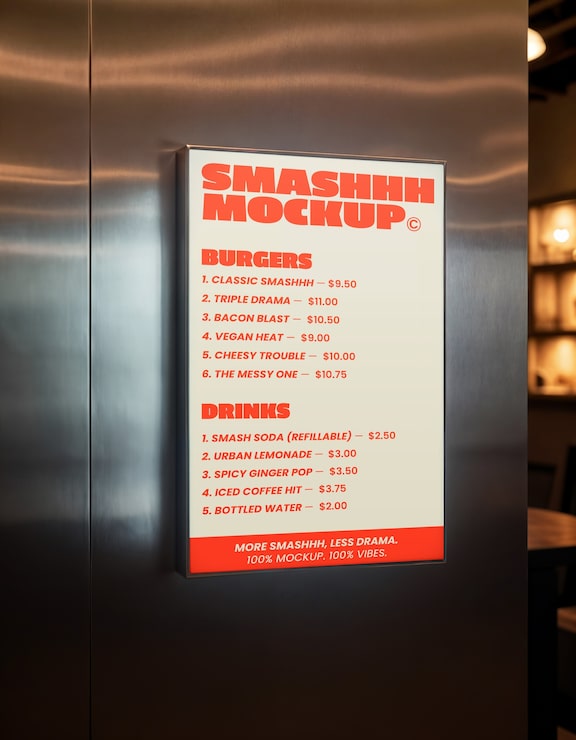 Illuminated sign mockup on stainless steel wall in a restaurant