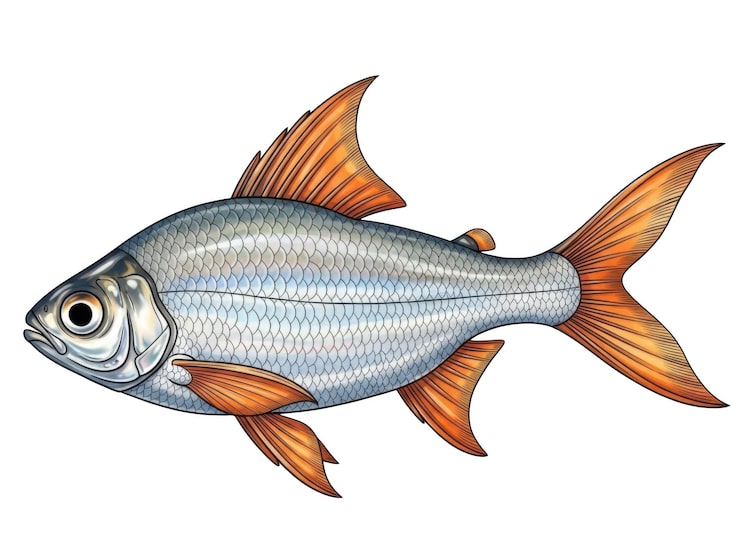 PSD illustrasjon av en grasiøs blå fisk med oransje finner isolert på gjennomsiktig bakgrunn