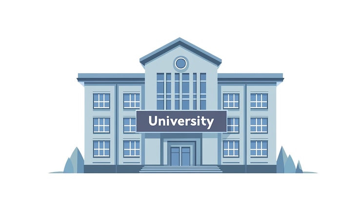 PSD illustration av en universitetsbyggnad med fasad och entré