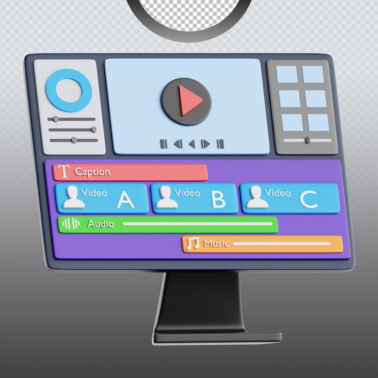 PSD interface van 3d-videobewerkingssoftware op een monitorscherm