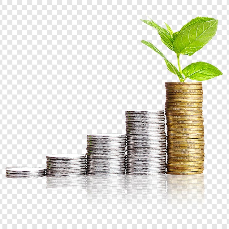 PSD investeringsgroei stapels munten met groeiende plant